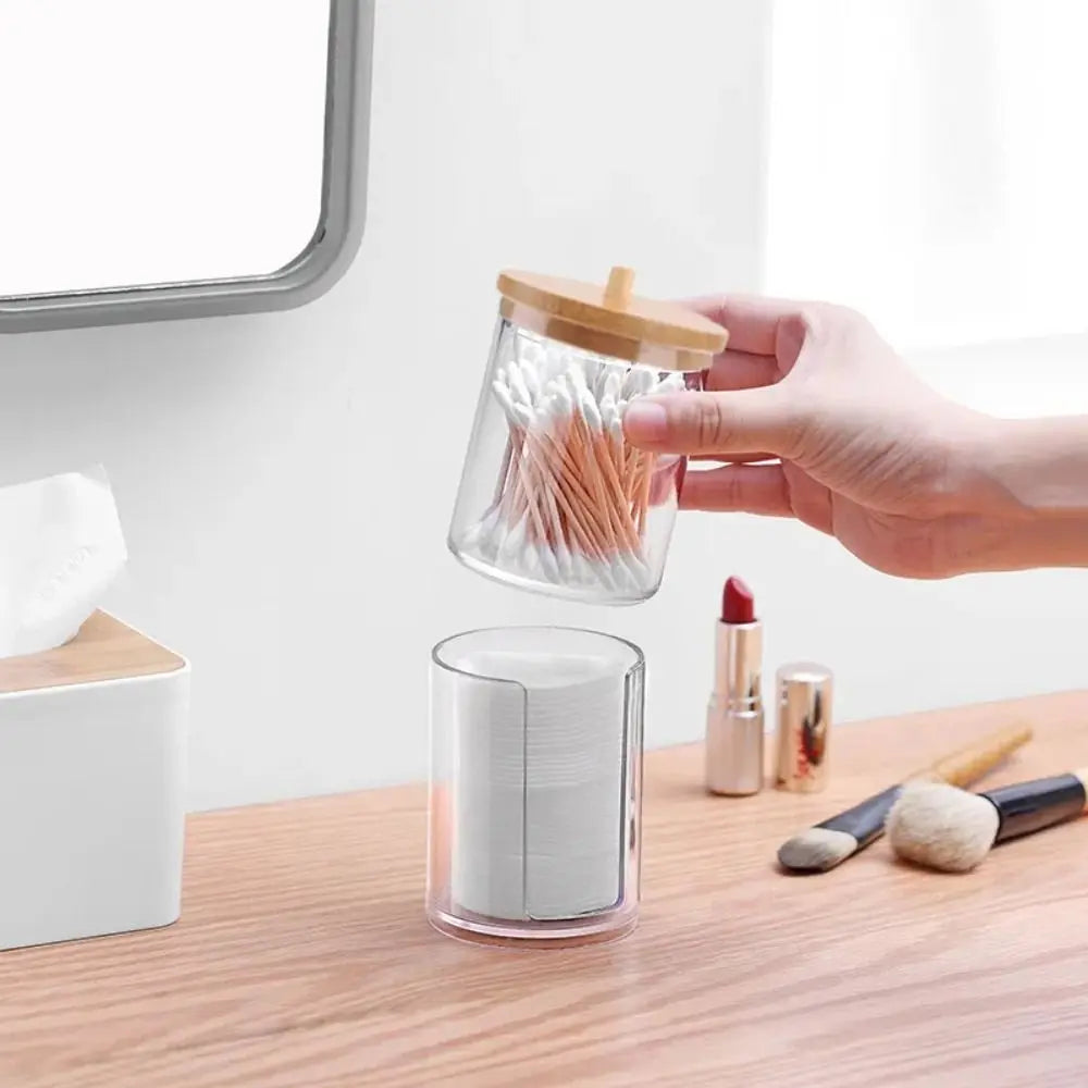 Acrylic Cosmetics Storage Box Transparent Bamboo Lid Container Storage Case Round Jewelry Storage Organizer Box Living Room