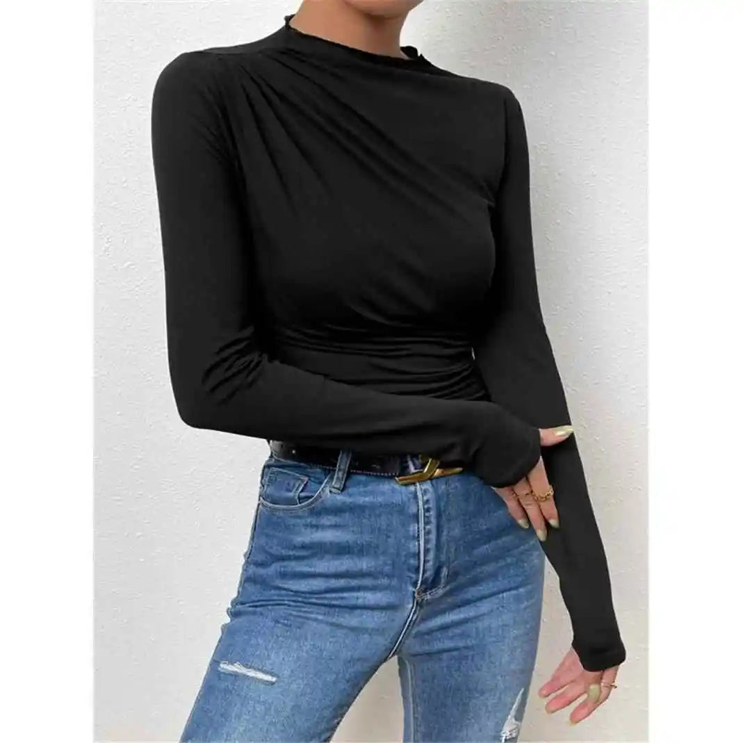 Women's Pleated Long Sleeve T-Shirt Bodycon Fit Polyester Spandex Blend Drawstring Closure  Color European Style Top