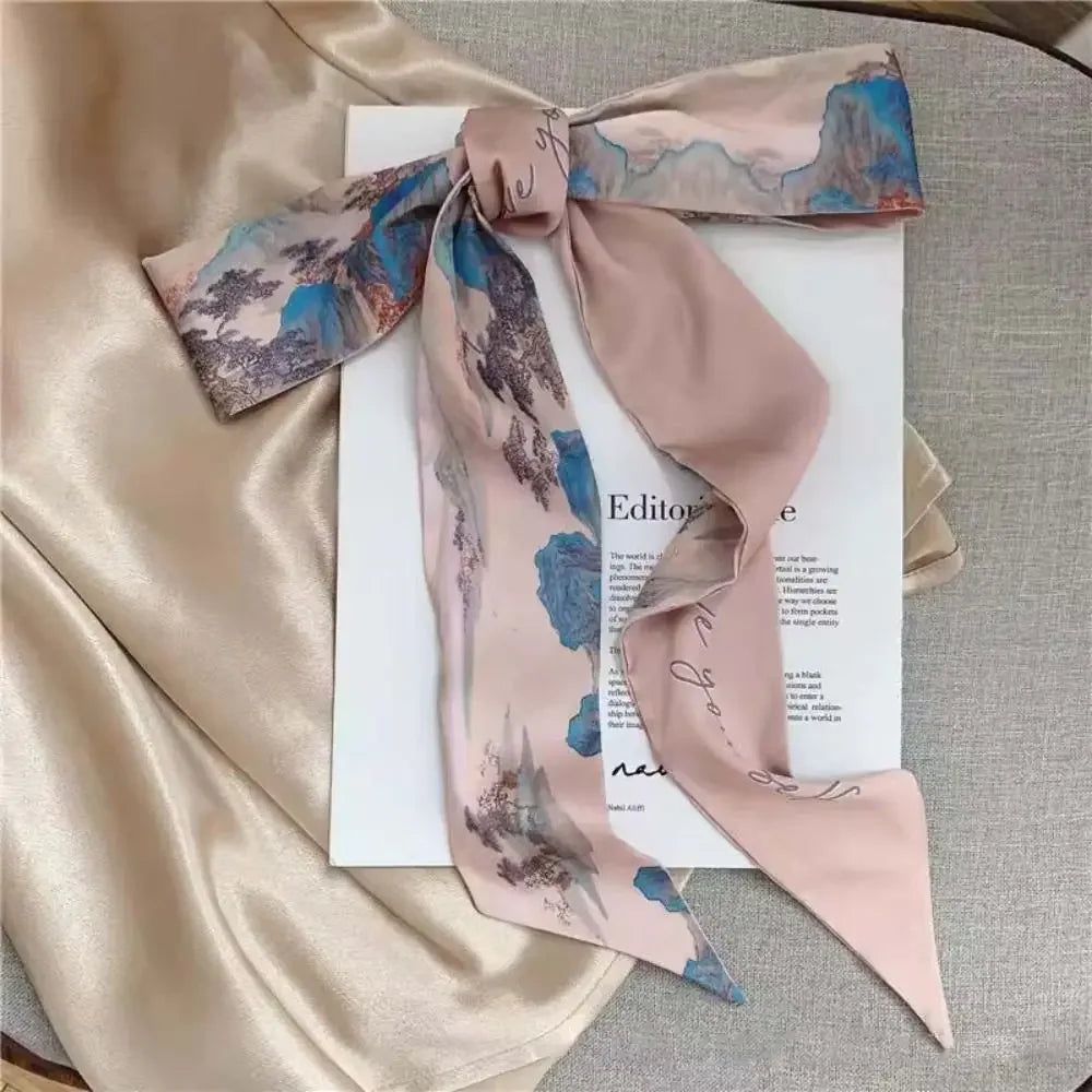 1pc French Scarf Butterfly Tie Hair Retro Oil Print Hair Ribbon Scarf Women Neck Tie Bag Headscarves Floral Bands Headband