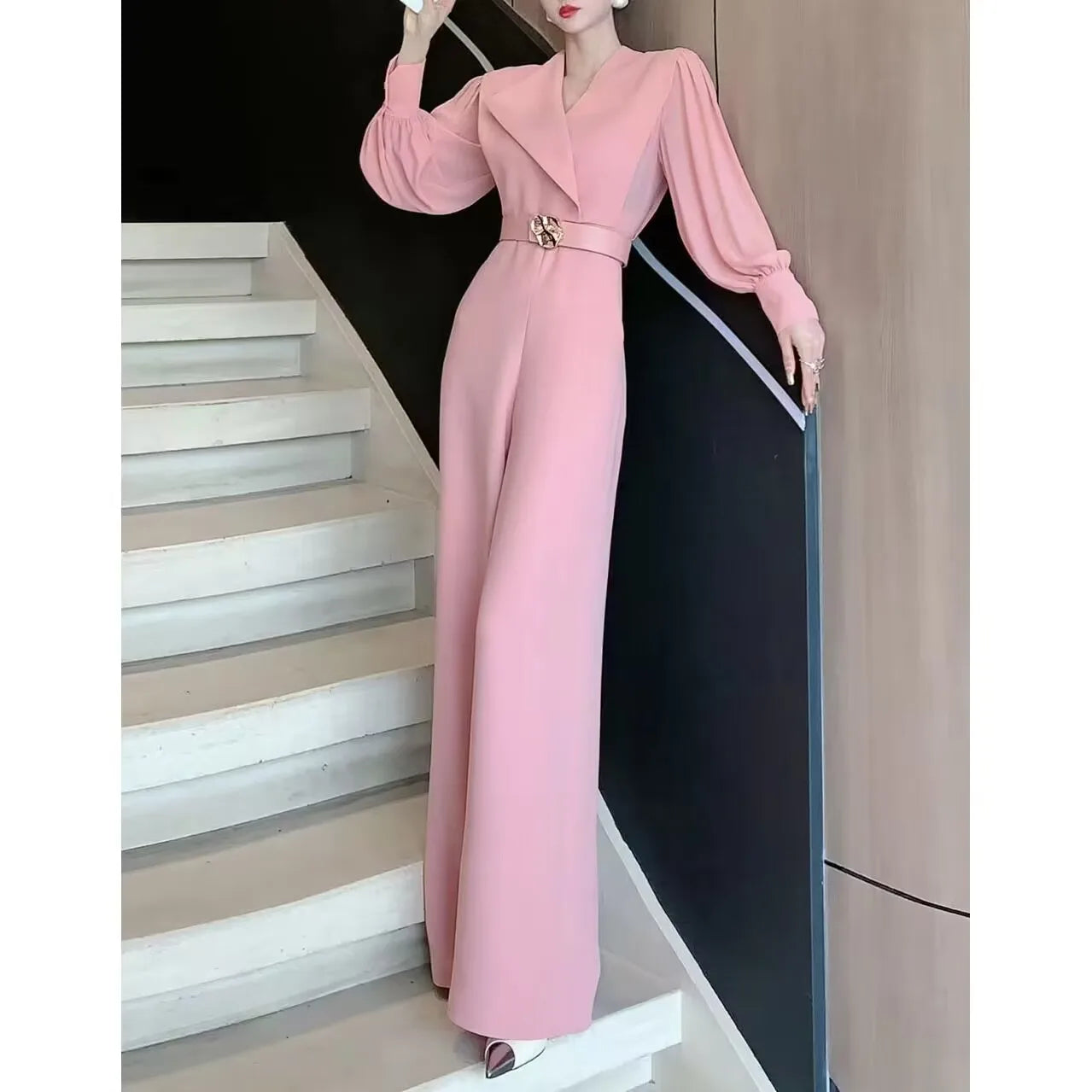 2025 New Spring Autumn Women Long Jumpsuits Fashion Elegant Office Lady Long Sleeve Wide Leg Pants Rompers