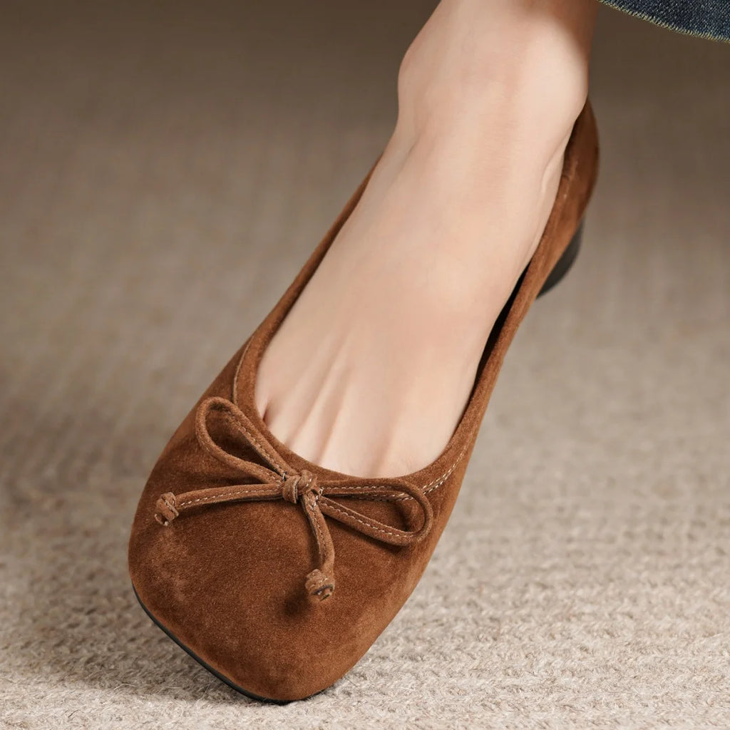 Women's natural suede leather square toe slip-on flats 3cm round low heel sweet bowtie casual female four season shoes for woman