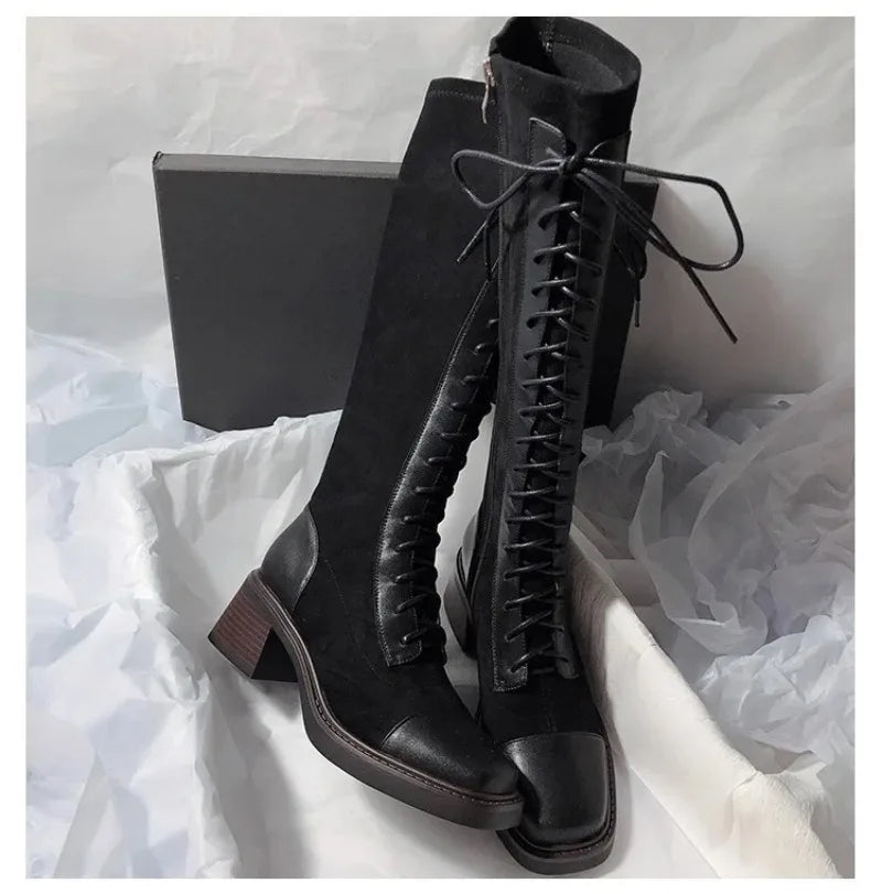 Women's Knee-high Boots High Quality Suede Leather Boot Lace Up Slim Long Tube Boots Knee-high Chelsea Boot Women Fashion Boots