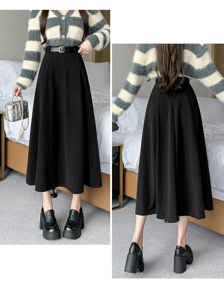 Elegant High Waist A-Line Midi Skirt Women's Fashion Slimming Skirts Autumn Winter New Style Loose Flared Mid-Length Skirts