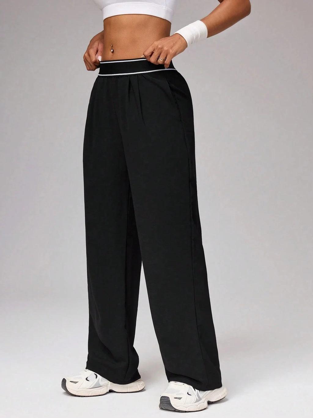 Women's High Waist Wide Leg Pants, Striped Waistband Loose Fit Casual Trousers, Lightweight Breathable Workout Joggers