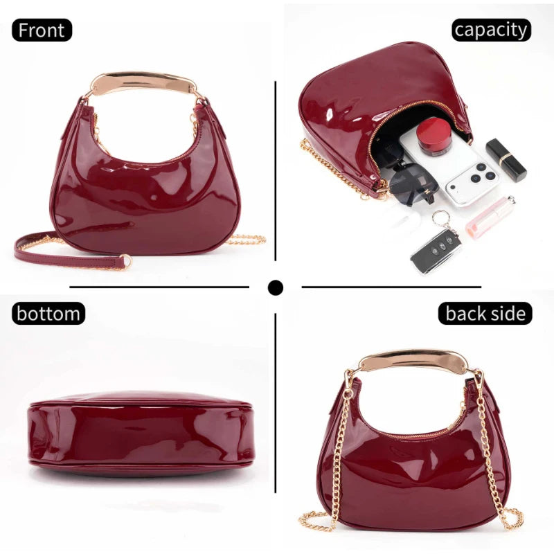 Trendy Burgundy Leather Shoulder Bag Stylish Gold Chain Hobo Bag With Metal Handle Minimalist Half-moon Crossbodybag Evening Bag