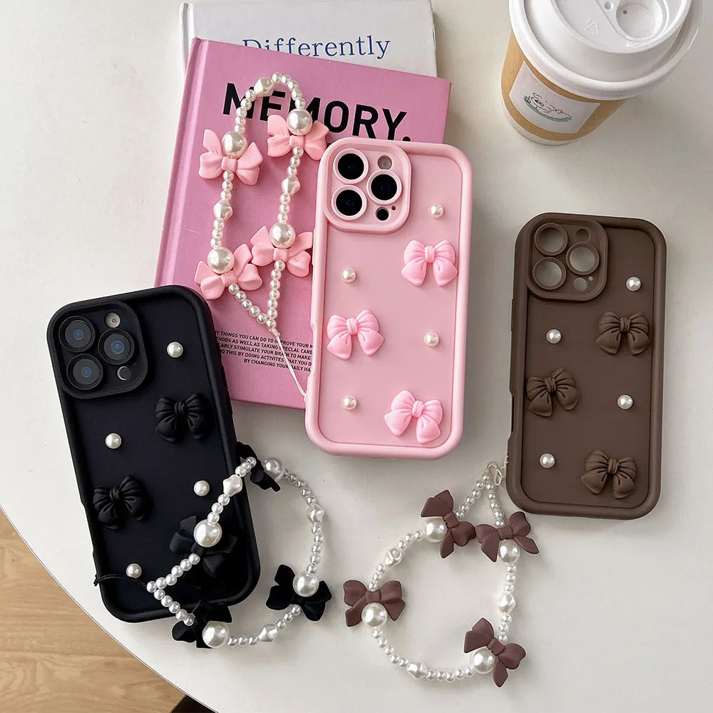 Pearl Bow Chain Phone Case For Redmi Note 14 13 12 11 10 9 8 Pro Plus 11s 13C 12C Women Silicone Back Cover
