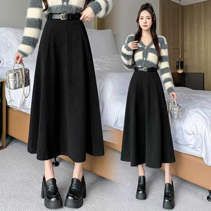 Elegant High Waist A-Line Midi Skirt Women's Fashion Slimming Skirts Autumn Winter New Style Loose Flared Mid-Length Skirts