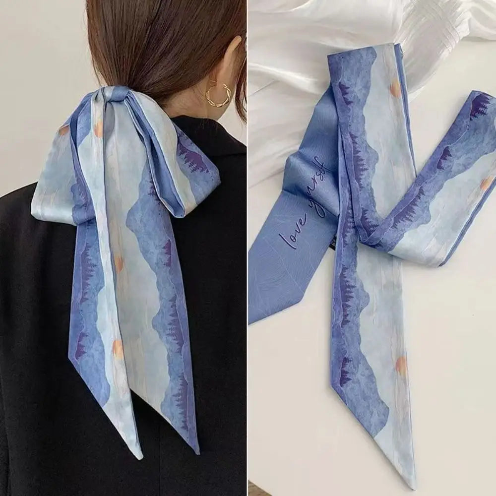 1pc French Scarf Butterfly Tie Hair Retro Oil Print Hair Ribbon Scarf Women Neck Tie Bag Headscarves Floral Bands Headband