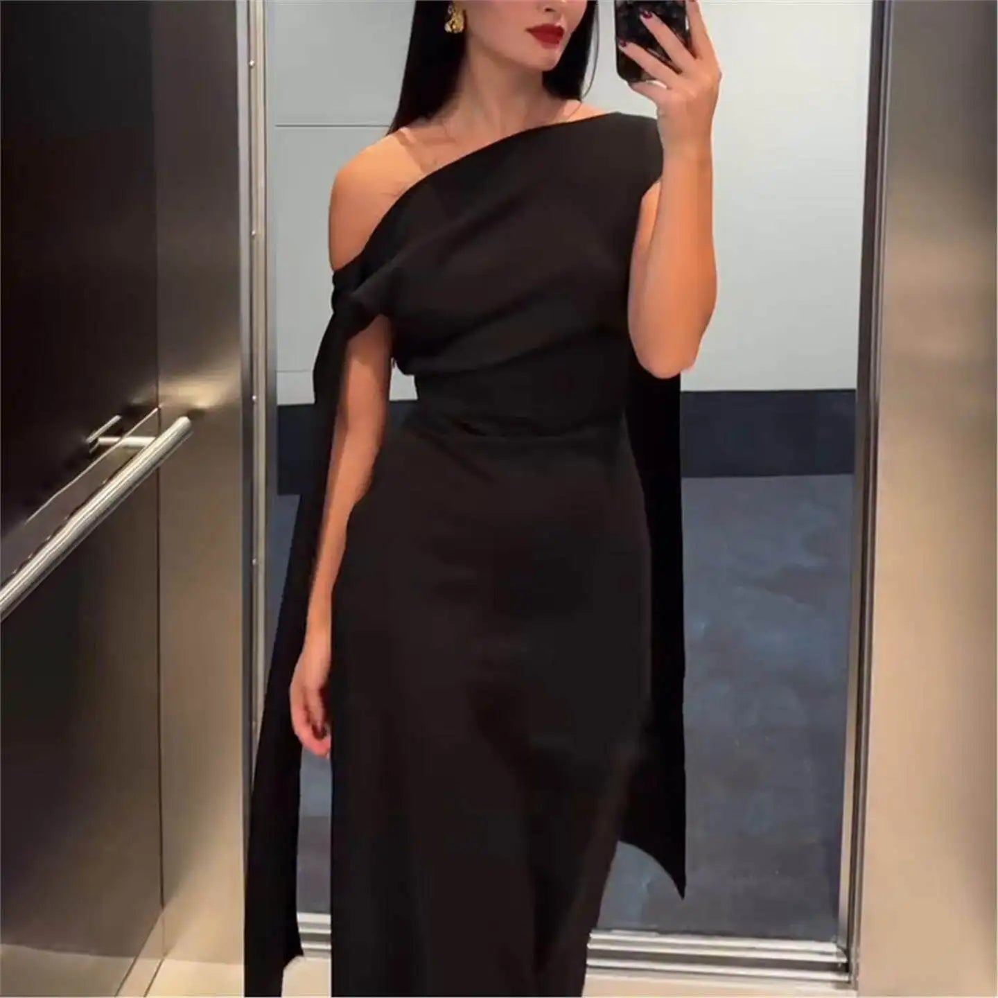 Elegant Long Dress Pure Color Asymmetrical Collar Shoulder Insert Sleeve Cross-Border Summer New Women's Fashion Dress