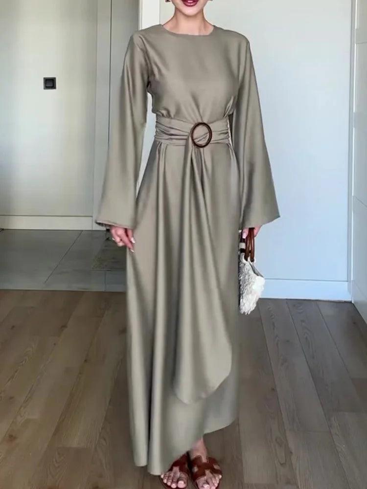 Yitimuceng Elegant Dress for Women Fashion Vintage Long Sleeve Dresses Solid Silm Belt O Neck Midi 2025 New Autumn Winter Dress