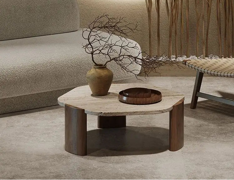 Solid wood travertine coffee table small tea small apartment living room household round balcony special-shaped rock slab Intern