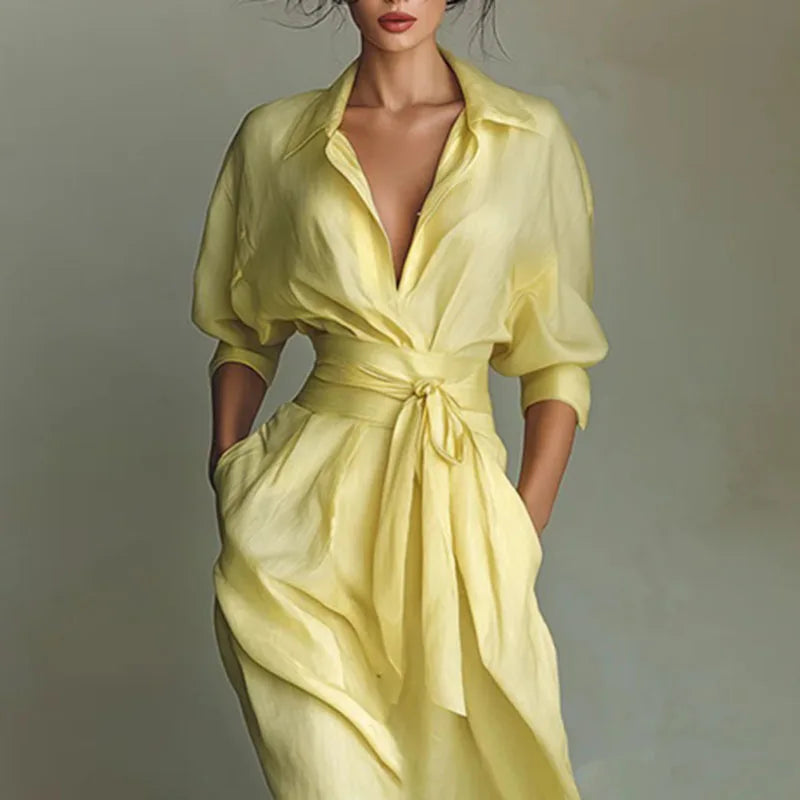 Bohemian Elegant Lace-up High Waist Long Dress Woman New Turn-down Collar Hollow Party Dress Spring 3/4 Sleeve Pocket Maxi Dress