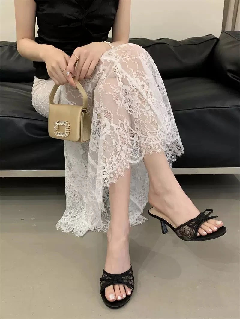 Sexy Style Bow Flat Sandals for Women 2026 Summer New Thin High Heel Open Toe Elegant Versatile Slippers