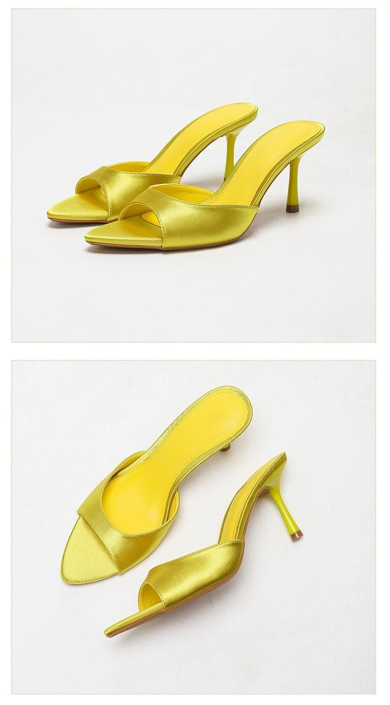 2026 New Arrival Women's Satin Mule Shoes High Heel Stiletto Slip On Sandals Fashion Elegant Party Wedding Shoes Champagne Beige