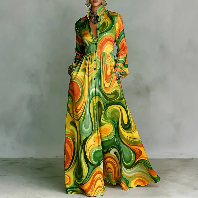 Women's Stand Collar Button Shirt Maxi Dresses Spring Casual High Waist Pocket Hem Long Dress Chic Floral Print Boho Party Dress
