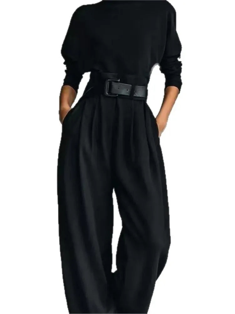 Autumn Winter New Women Elegant Stand Collar Solid High Waisted Trousers With Belt Long Sleeve Top Wide-leg Pants Two-piece Set
