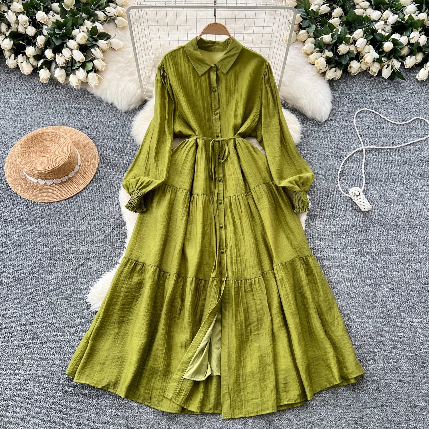 Chic Vintage Casual Long Sve irt Dr Women Loose Waist Cinched Faionable Long Skirt Korean Sle High Waist A-Line