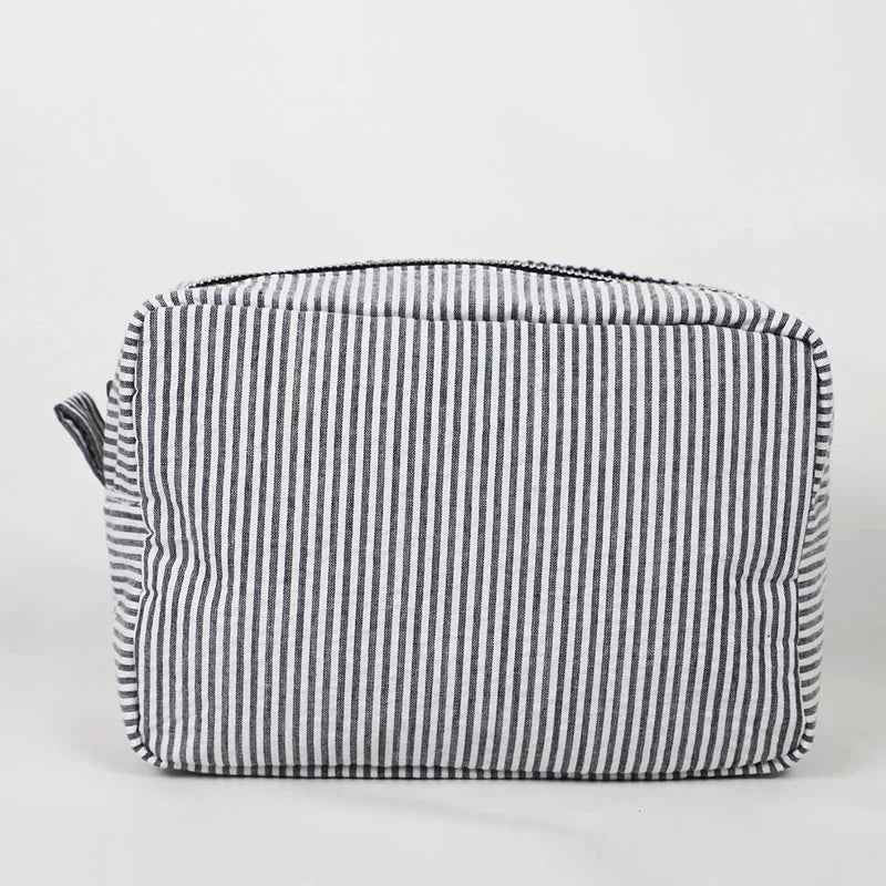 Seersucker Ruffle Cosmetic Bag – Pink/Purple Stripes