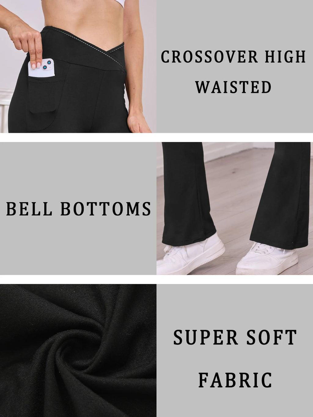 Women's Super Soft Crossover High Waisted Flare Legging With Pockets, Tummy Control Yoga Bootleg Bell Bottoms