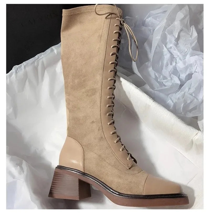 Women's Knee-high Boots High Quality Suede Leather Boot Lace Up Slim Long Tube Boots Knee-high Chelsea Boot Women Fashion Boots