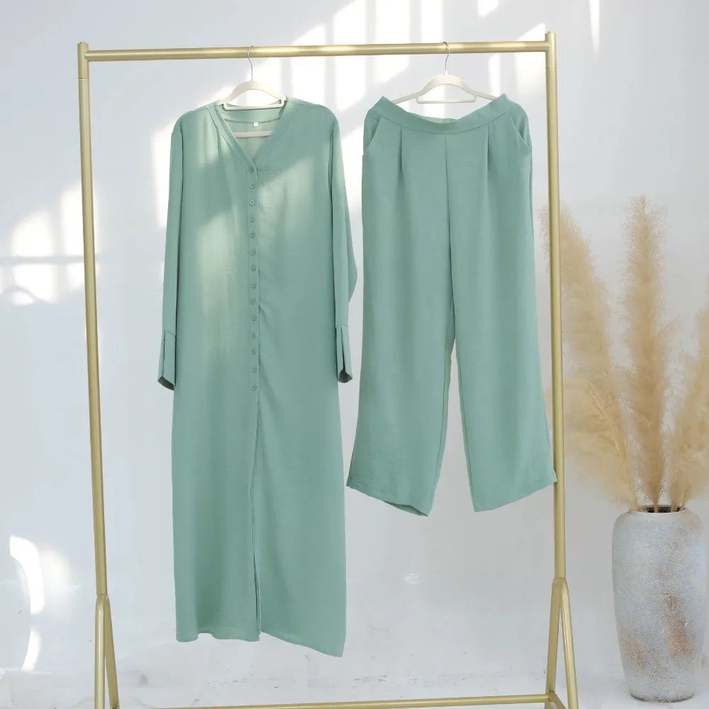 Eid Women Button Up Abaya Straight Pant 2 Piece Set  Muslim Sets Ramadan Dubai Elegant Musulman Ensembles Arab Long Pant Morocco
