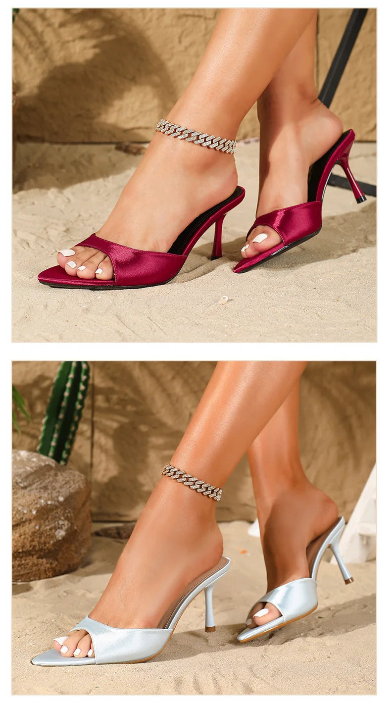 2026 New Arrival Women's Satin Mule Shoes High Heel Stiletto Slip On Sandals Fashion Elegant Party Wedding Shoes Champagne Beige