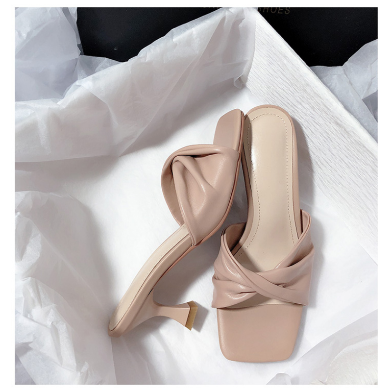 Fashion Summer Women Shoes New Handmade Square Open Toe High Heels Outdoor fashion Slippers Apricot Off white size 35-40