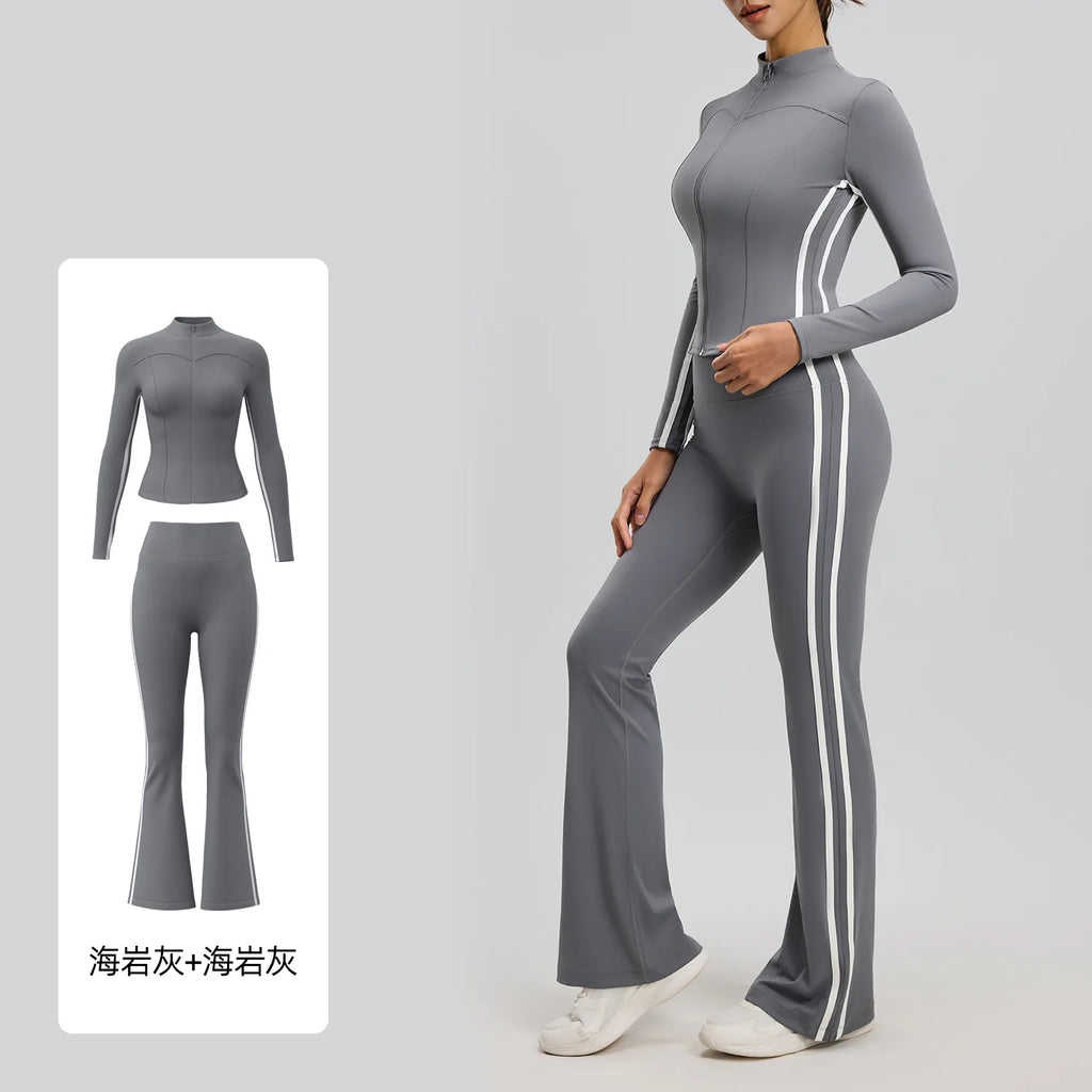 Striped 2pcs Yoga Gym Set Women Long Sleeve Zipper Sport Jacket Hip Lifting Leggings Fitness Running Tops Flare Pants Tracksuit