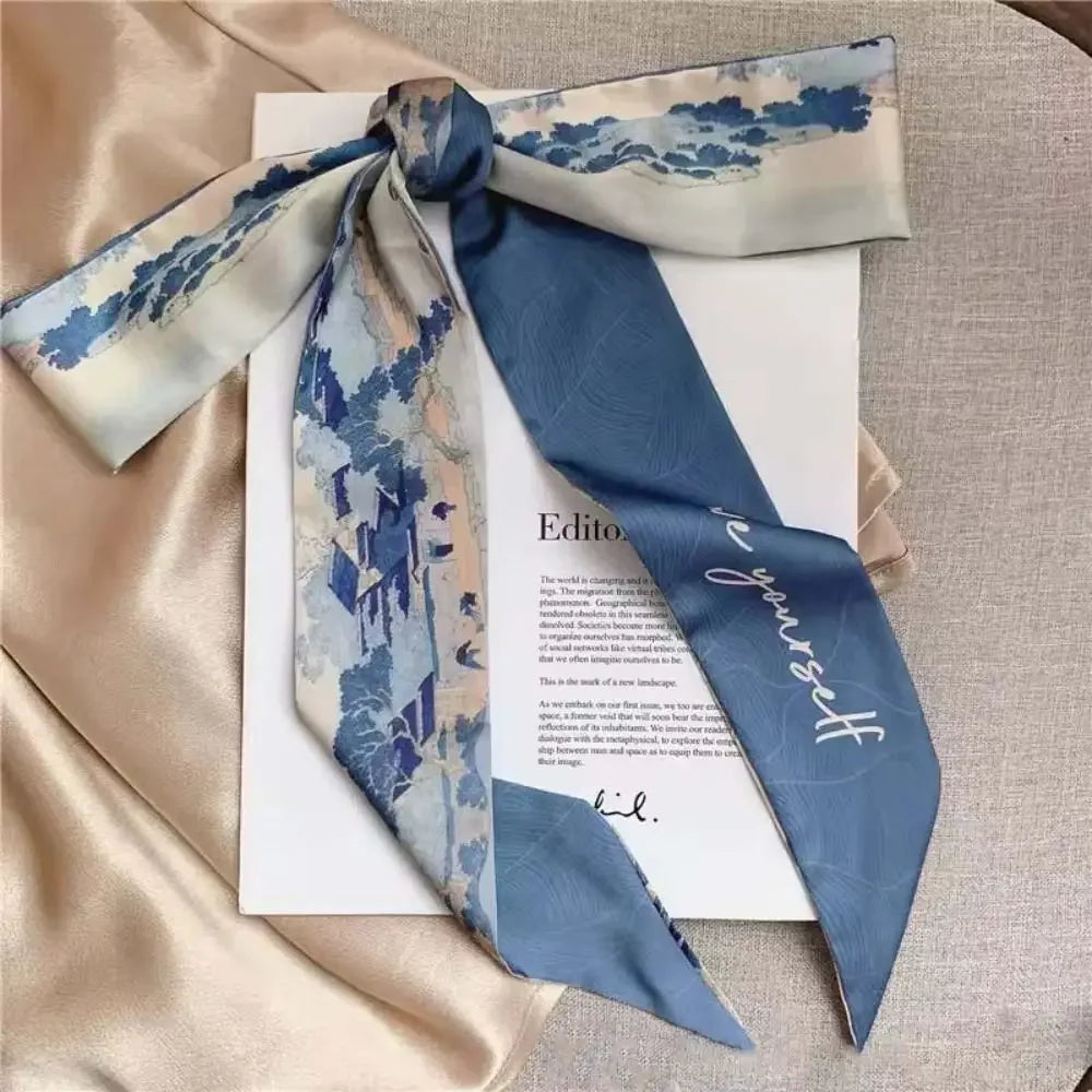 1pc French Scarf Butterfly Tie Hair Retro Oil Print Hair Ribbon Scarf Women Neck Tie Bag Headscarves Floral Bands Headband