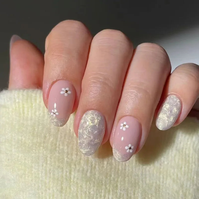 24Pcs Short Almond Press-On Nails Pink Floral French Tip Glossy&Elegant Full Cover Fake Nails for Women&Girls Spring,Daily Wear