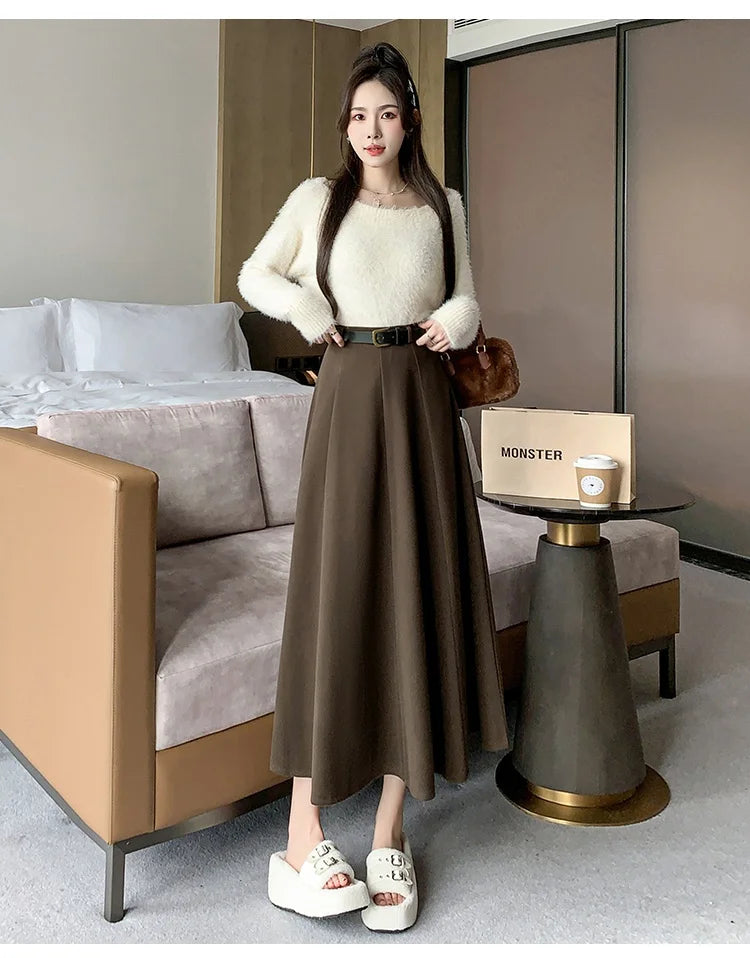Elegant High Waist A-Line Midi Skirt Women's Fashion Slimming Skirts Autumn Winter New Style Loose Flared Mid-Length Skirts