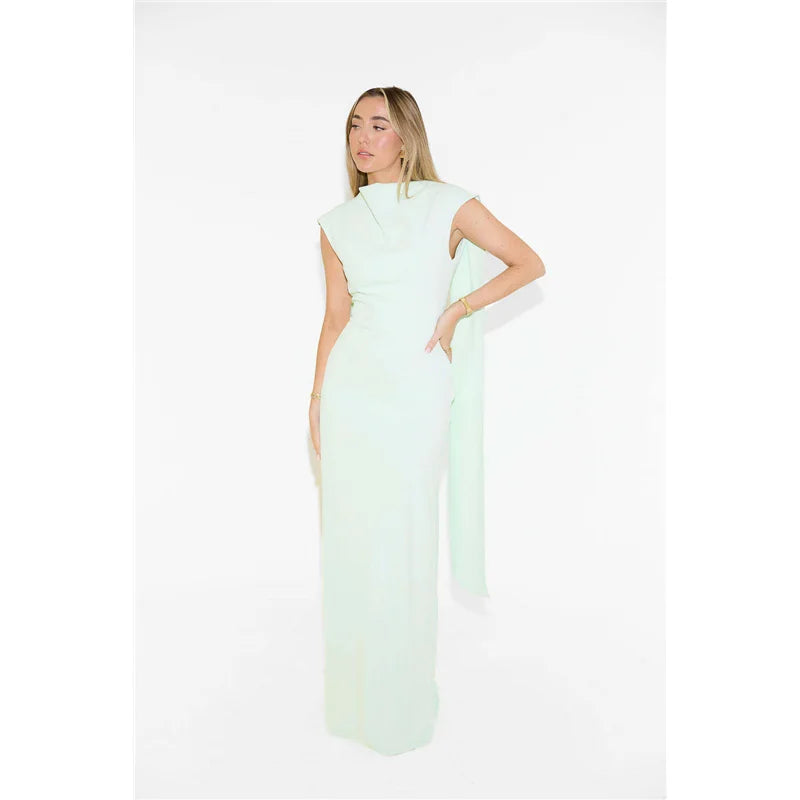 Elegant Long Dress Pure Color Asymmetrical Collar Shoulder Insert Sleeve Cross-Border Summer New Women's Fashion Dress