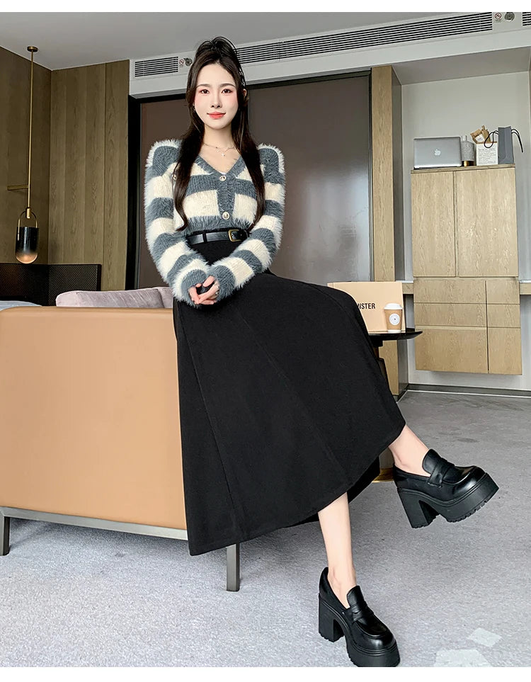 Elegant High Waist A-Line Midi Skirt Women's Fashion Slimming Skirts Autumn Winter New Style Loose Flared Mid-Length Skirts