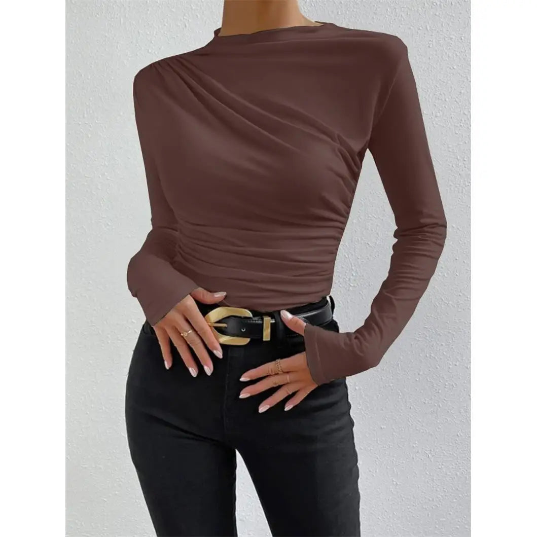 Women's Pleated Long Sleeve T-Shirt Bodycon Fit Polyester Spandex Blend Drawstring Closure  Color European Style Top