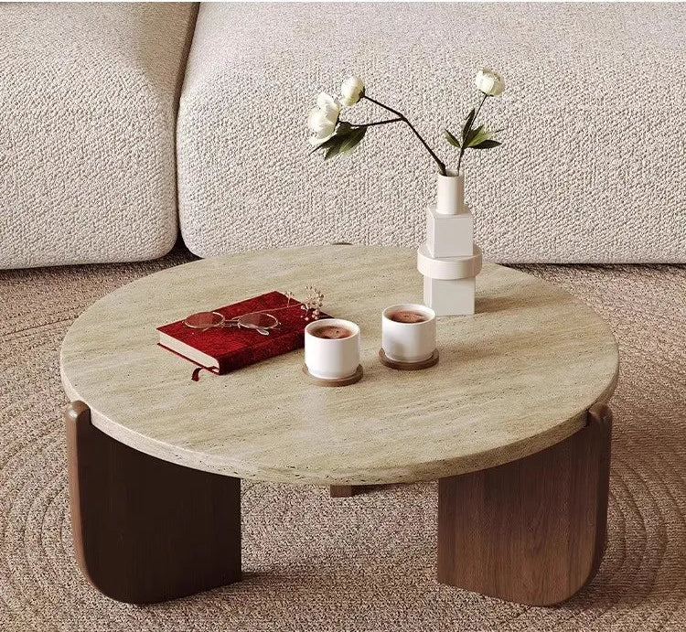 Wabi Sandy Wind Solid Wood Travertine Coffee Table Minimalist Small Tea Table Small Apartment Living Room Household Round Balcon