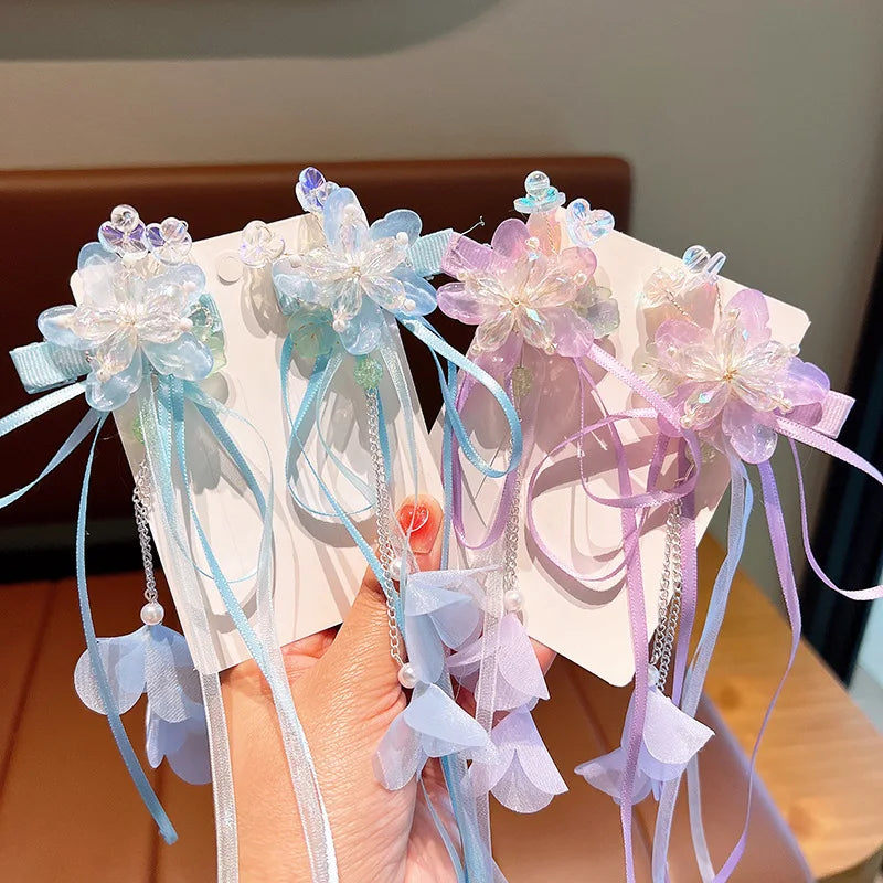 Pink and Blue Ribbon Tassel Hairpin Hair Clip for Children Girl Ancient Style Hanfu Hair Pins Cosplay Hair Accessories