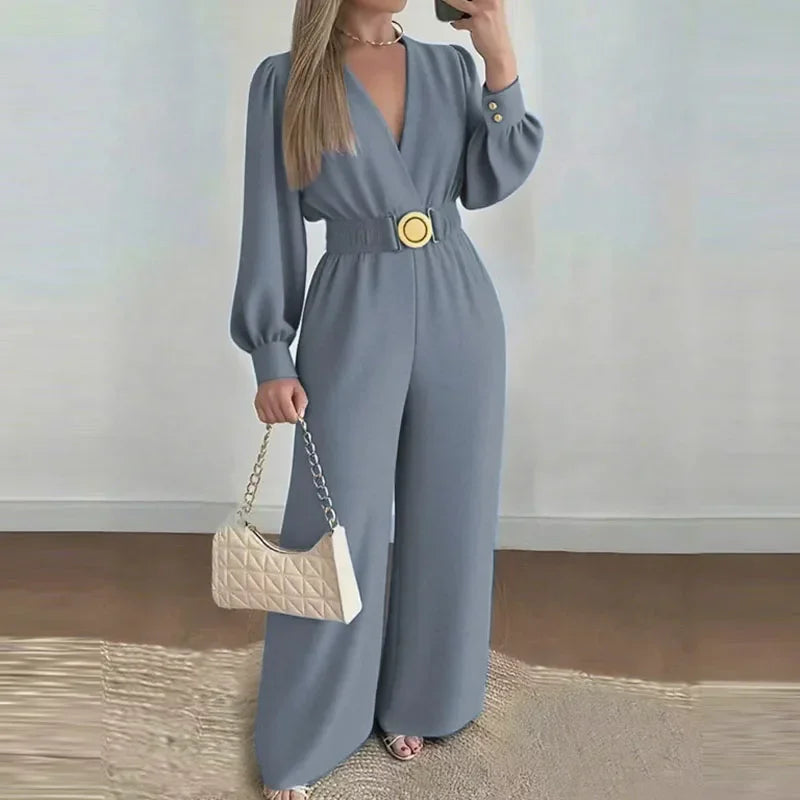 V Neck Solid Long Jumpsuits Fashion Commuting Belt Lace-Up Puff Sleeves Wide Legger Romper Casual Long Sleeve Women's Playsuit