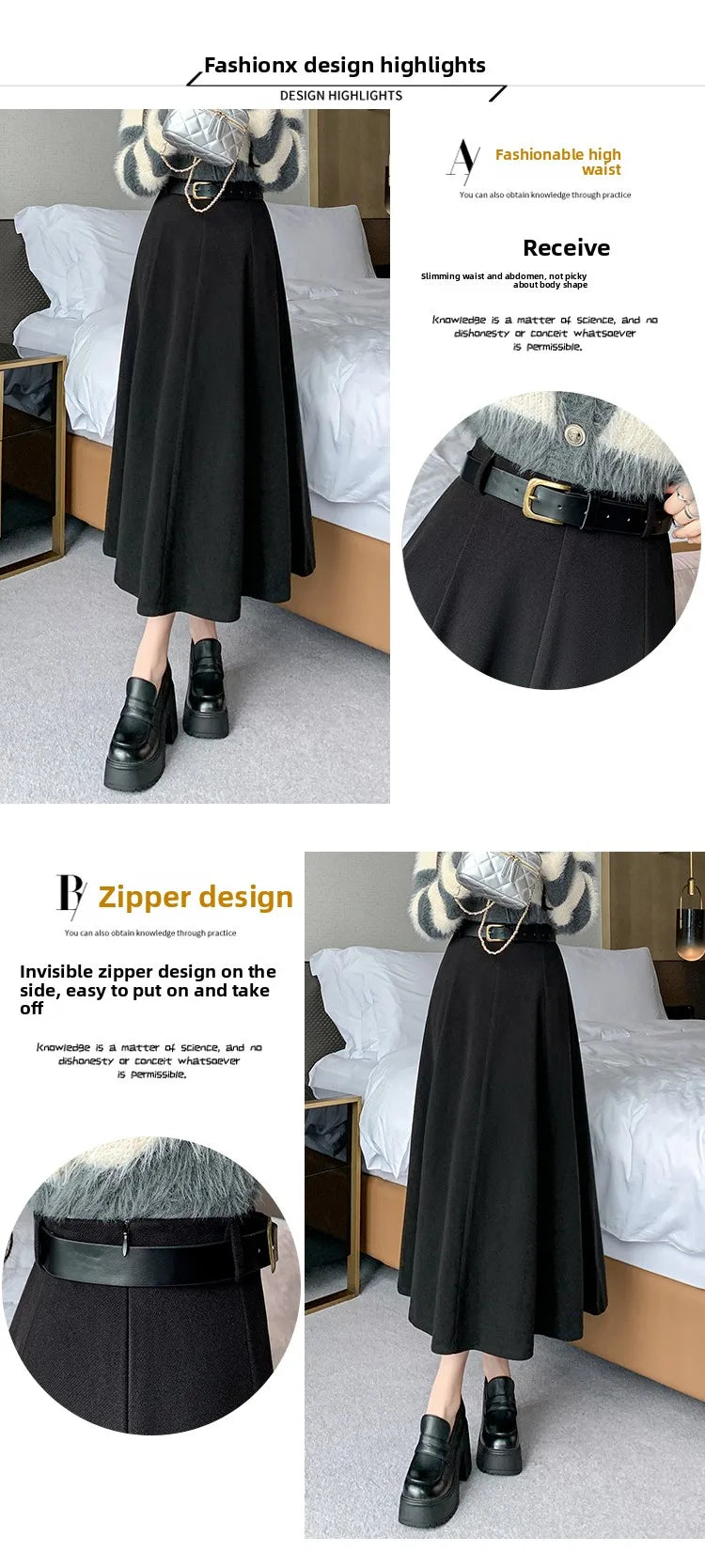 Elegant High Waist A-Line Midi Skirt Women's Fashion Slimming Skirts Autumn Winter New Style Loose Flared Mid-Length Skirts