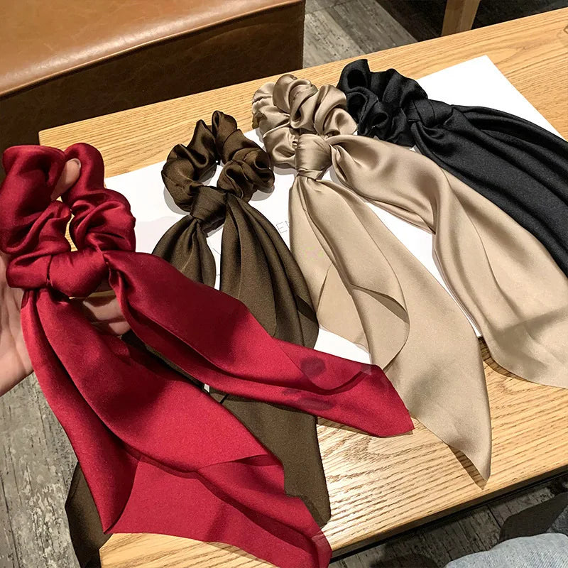 Ins Fashion Satin Hair Scarf Large Bowknot Head Bands Women Elegant Brown Scarf Hair Bands Retro Ponytail Elastic Hair Ties