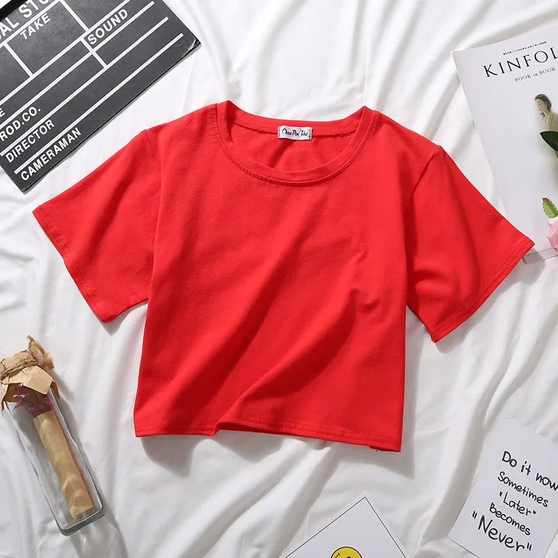 2023 Summer Short Sleeve T Shirts Women Cotton Solid T-shirt O Neck High Waist Crop Top Tee Female Casual Loose T Shirt