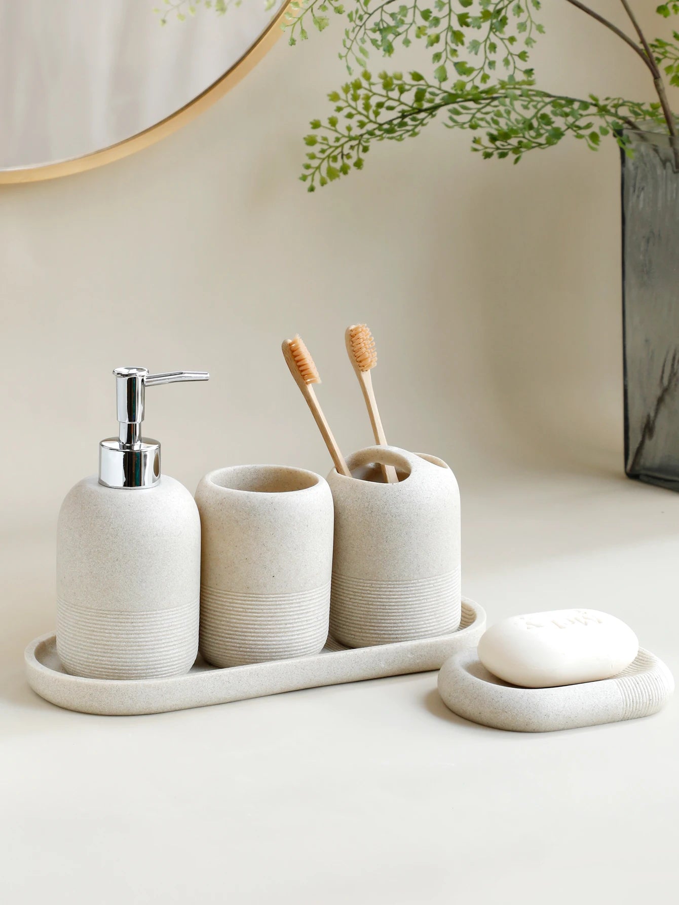 5pcs Bathroom Accessories Set – Beige & Grey