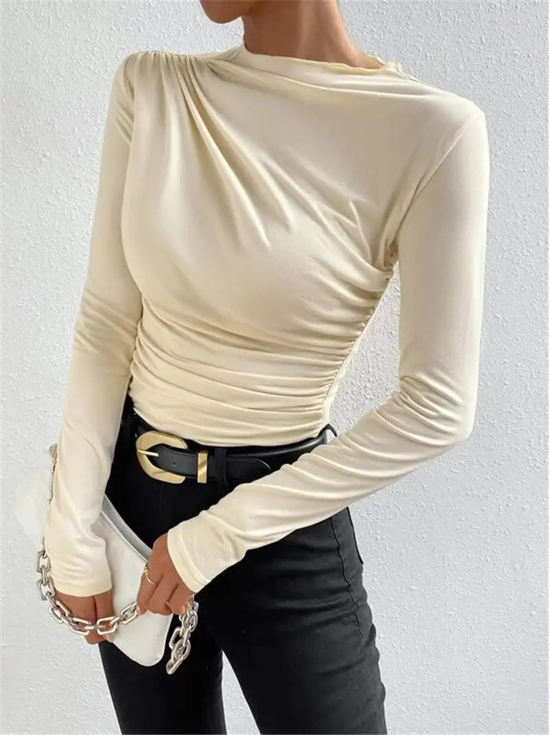 Women's Pleated Long Sleeve T-Shirt Bodycon Fit Polyester Spandex Blend Drawstring Closure  Color European Style Top