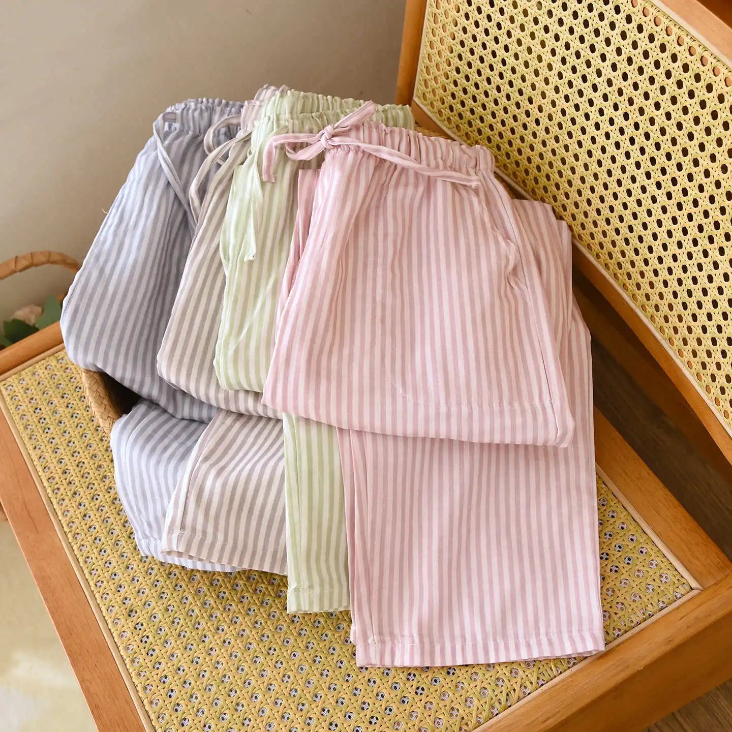 2026 New Women's Spring/Summer Sleeper Pants 100% Cotton Gauze Striped Tether Pants Striped Loose Thin Home Pants
