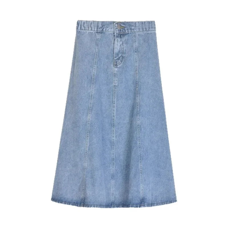High Waist A- Line Midi Denim Skirt Women's Elastic Waist Design Sensation Slimming Long Skirt Summer Fashion Half-length Skirt