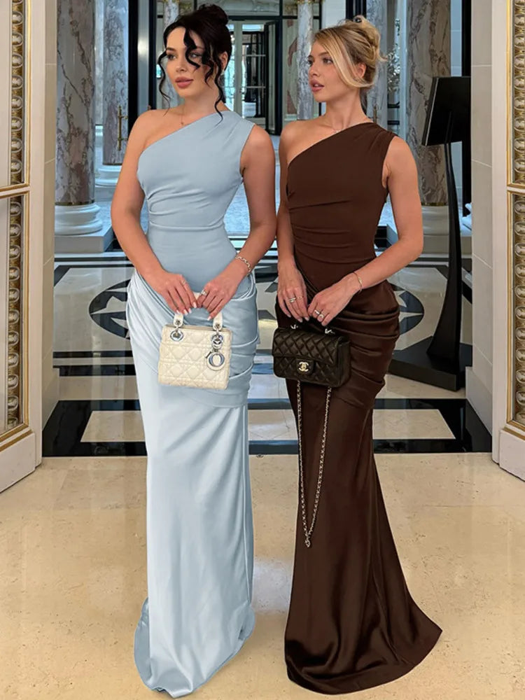 Blifanbo Stain Oblique Shoulder Sexy Maxi Dress Women Gown Ruched Sleeveless Fashion High Waist Club Party Evening Dress Elegant