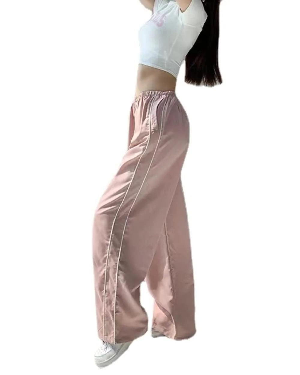 Women's Fashion Drawstring Both Sides Casual Elastic Waist Sports Pants High waist Loose Wide Leg Pants Trousers