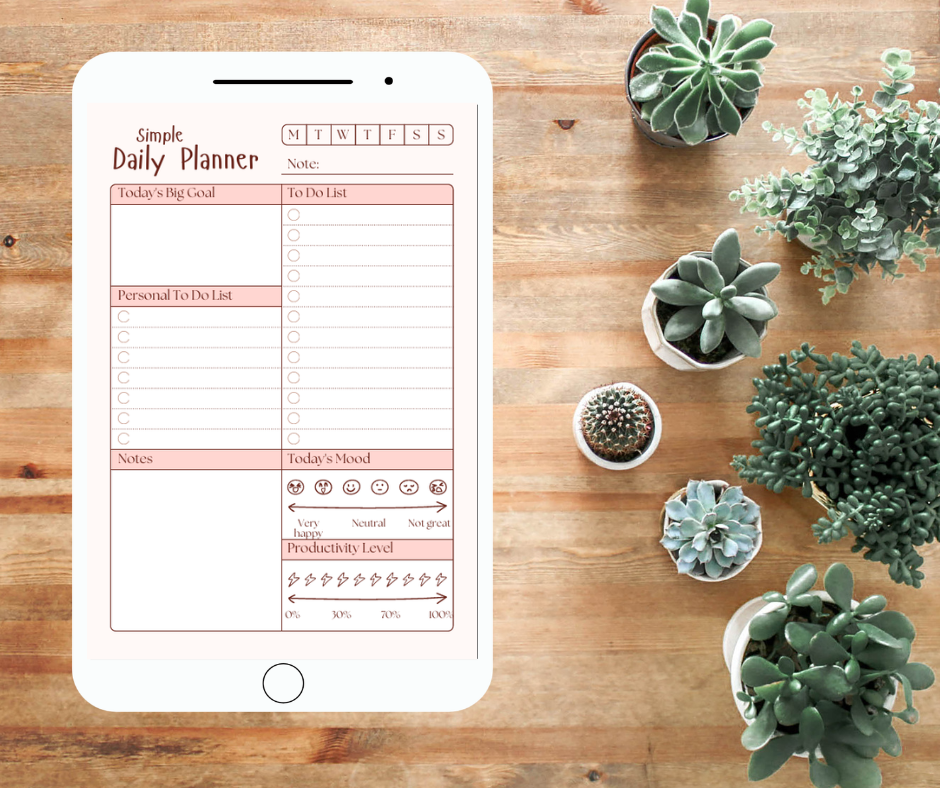 Simple Daily Planner Template | Digital Personal & Work Task Organizer | Minimalist Daily Goal Setter & Mood Tracker